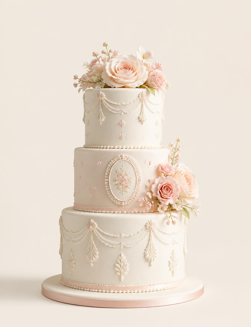 A three tier Grace celebration cake with piped detailing and sugar florals