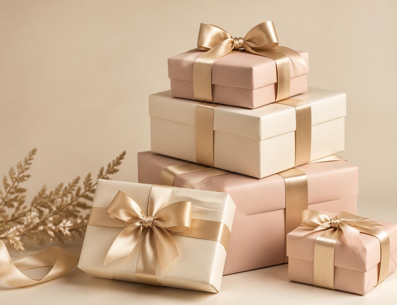 Stacked Grace festive gift boxes in blush and ivory with champagne ribbon