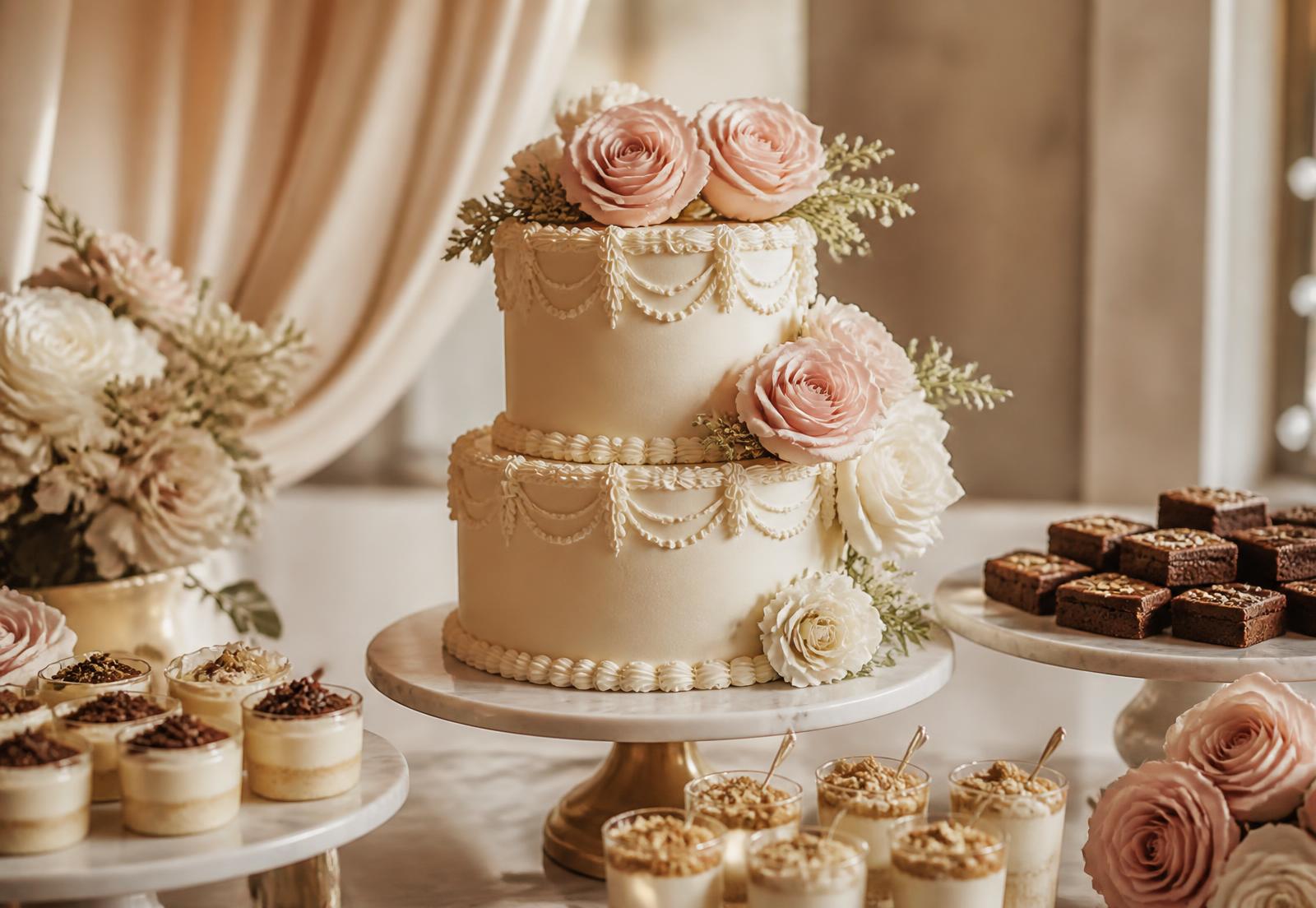 A Grace celebration dessert table with a tiered ivory cake, dessert jars and brownies